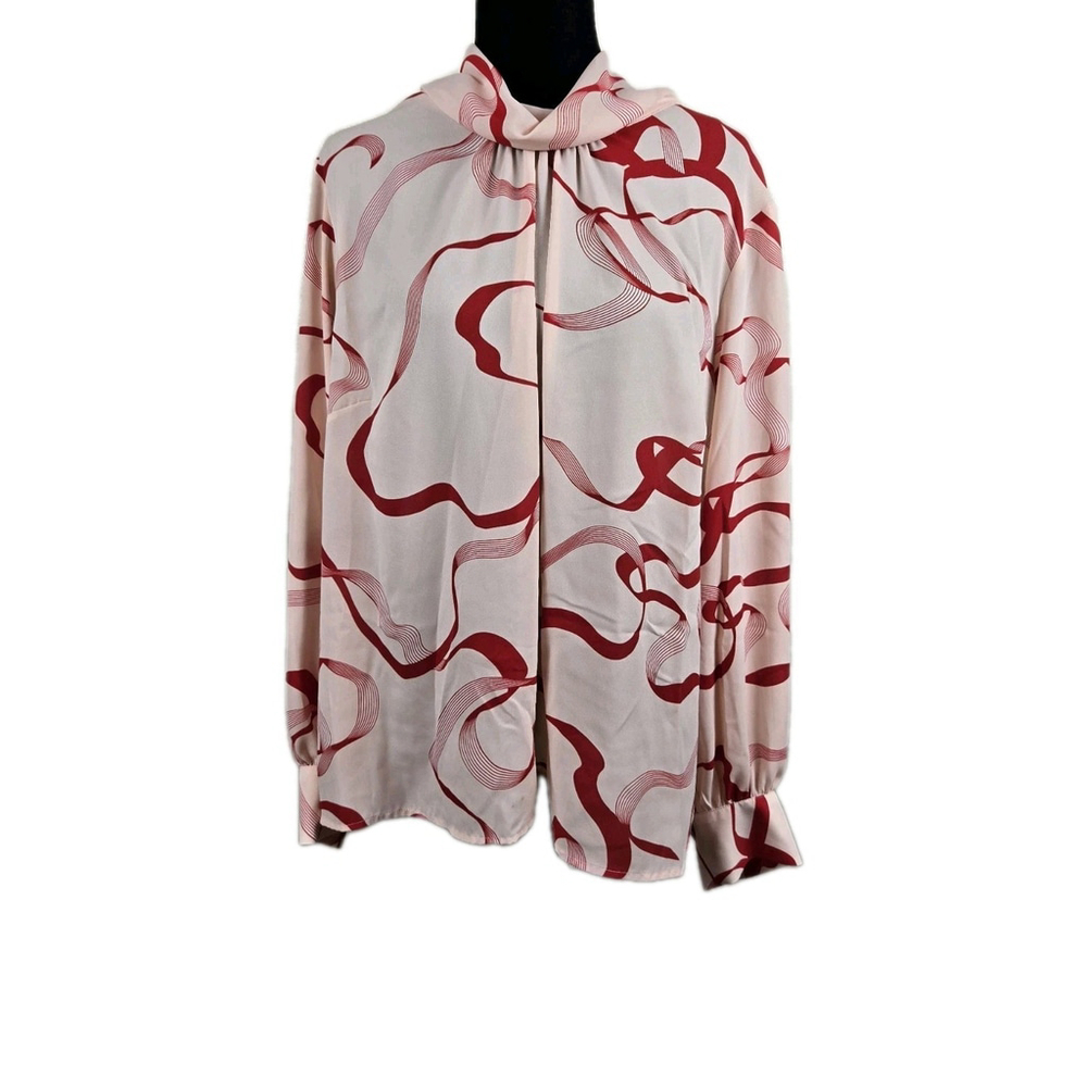 Liz‎ Claiborne Woman 2X Blouse Rose Ribbon Print Long Sleeve Bow Neck NWT Flawed